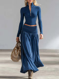 Elegant Sporty Dark Blue Cotton Lapel Zip-front Top And Low-rise Skirt Set
