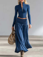 Elegant Sporty Dark Blue Cotton Lapel Zip-front Top And Low-rise Skirt Set