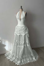 Lace And Tulle Halter Neck Strapless Sleeveless Long Mermaid Prom Dress With Pleated WQ0665