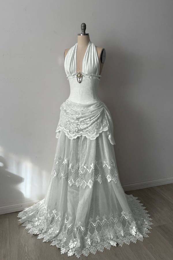 Lace And Tulle Halter Neck Strapless Sleeveless Long Mermaid Prom Dress With Pleated WQ0665