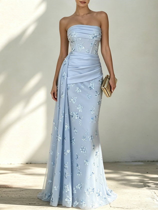 Light Blue Classic Strapless Sleeveless Mermaid Floor-length Gown Dress