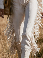 Vintage-style Western White Faux-suede Collared Fringe Jumpsuit