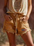 Sierra Washed Camel Americana Denim Shorts Relaxed Vintage Utility Style