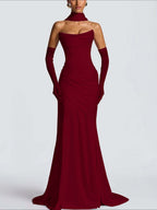 Strapless Sleeveless Long Pleated Mermaid Prom Dress With Ruffles And Gloves YK0718