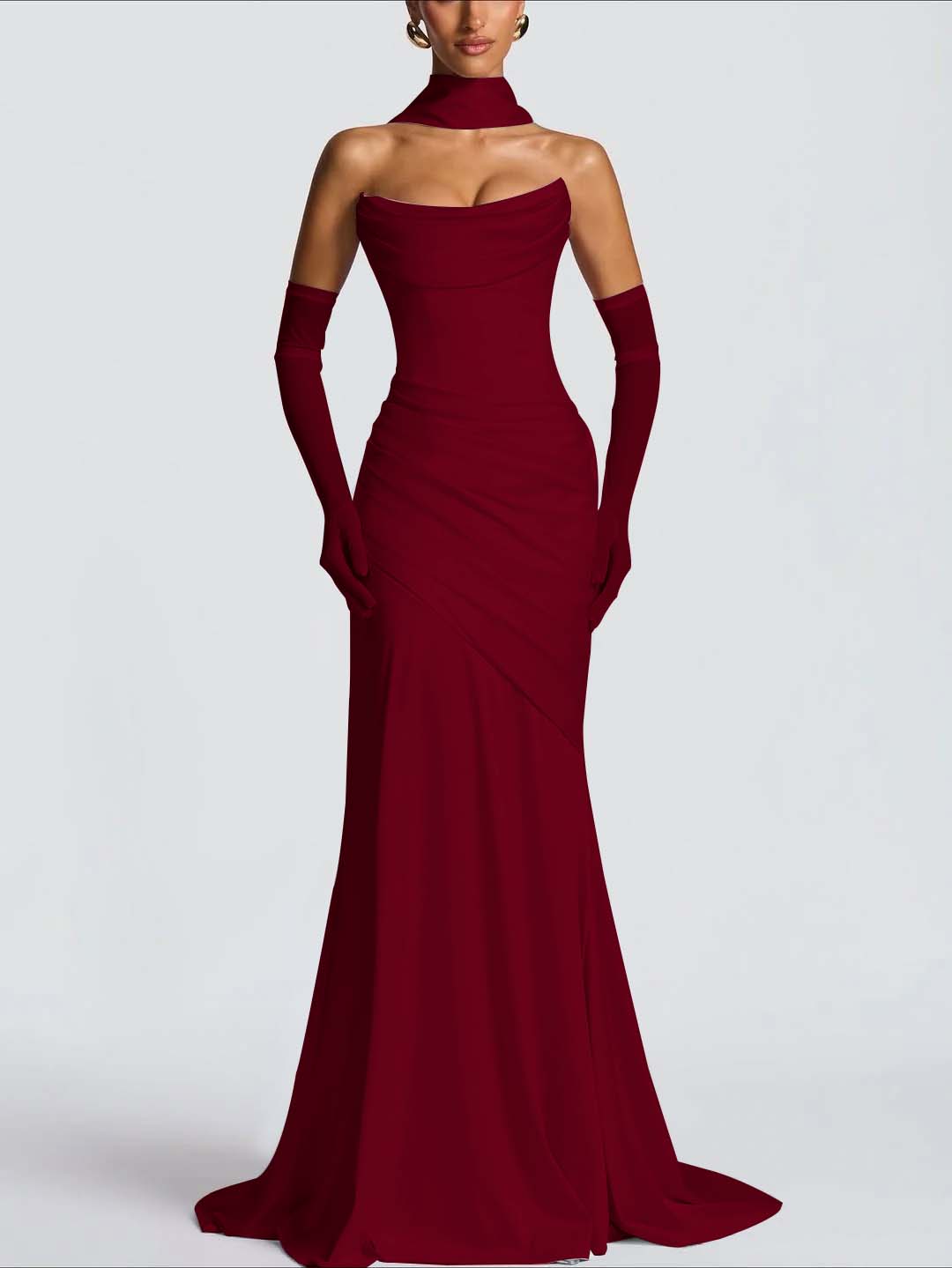 Strapless Sleeveless Long Pleated Mermaid Prom Dress With Ruffles And Gloves YK0718