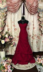 Cocoslly Strapless Sweetheart Sleeveless High Waist Long A Line Prom Dress With Ruffles | Black Red Satin PRD0034