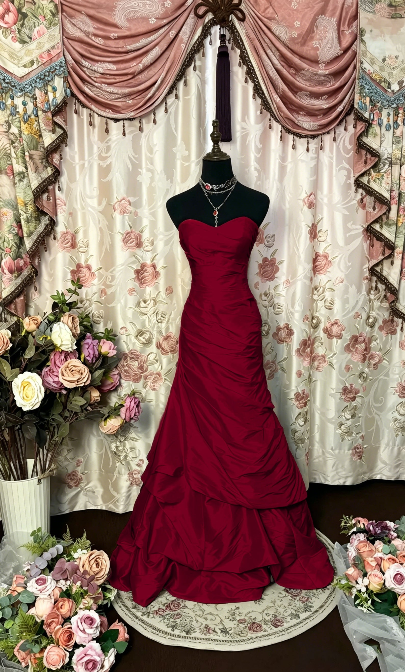 Cocoslly Strapless Sweetheart Sleeveless High Waist Long A Line Prom Dress With Ruffles | Black Red Satin PRD0034