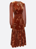 Caramel Brown Mesh Jacquard Velvet Crew Neck Long Sleeve Balloon Sleeve Mermaid Midi Dress