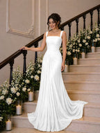 Cocoslly Wide Straps Square Neck Sleeveless High Waist Long Prom Dress With Pleated | Daffodil Chiffon YK1259