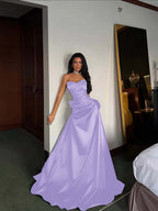 Black Satin Sweetheart Strapless Sleeveless Long A-Line Prom Dress With Pleated YK0695