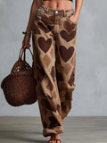 Retro Casual Heart Pattern Versatile Light Brown Denim Pants
