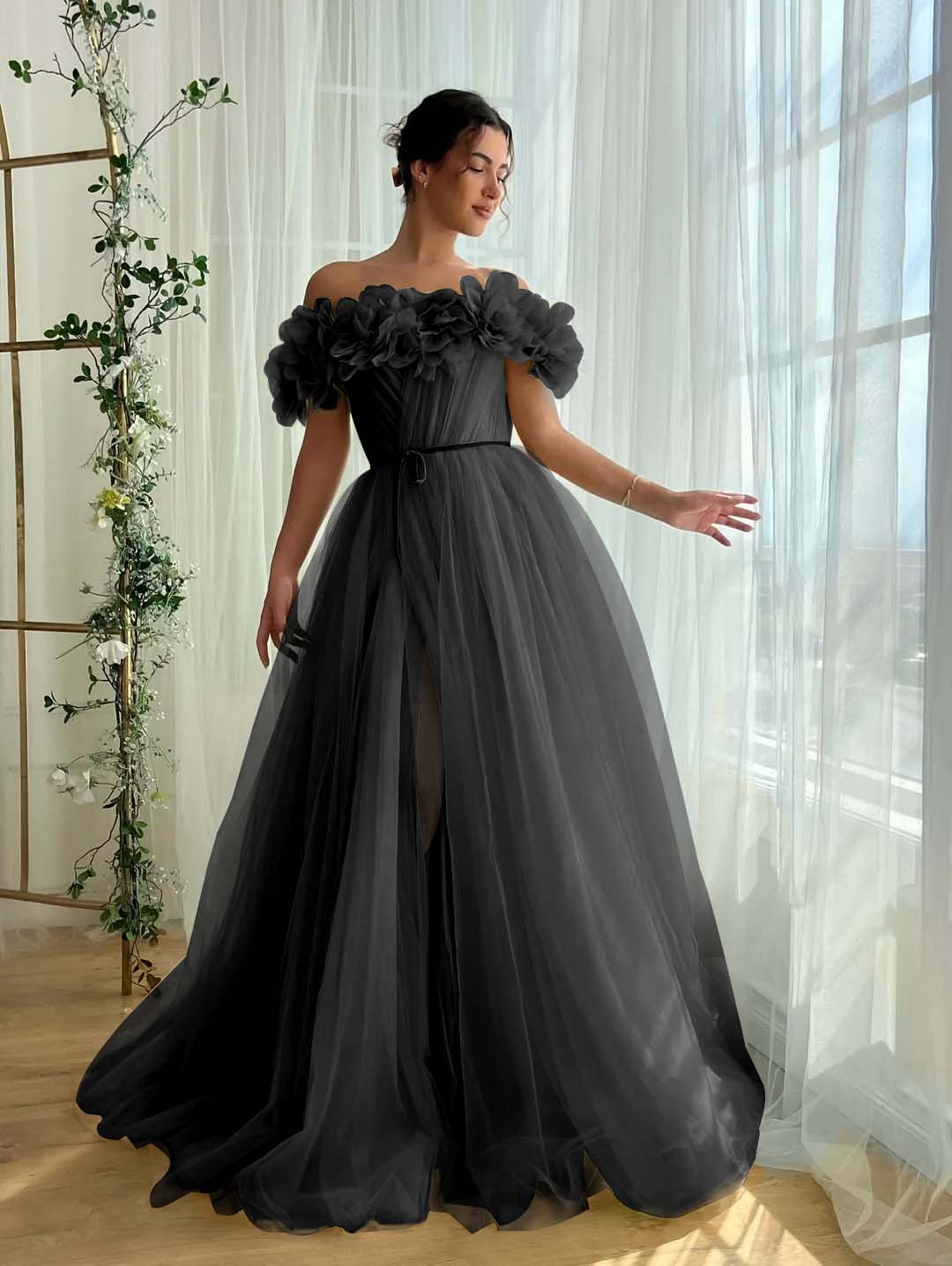 Tulle Off-The-Shoulder Strapless Sleeveless Long Pleated A-Line Prom Dress With Flower Appliques And Split YK0615