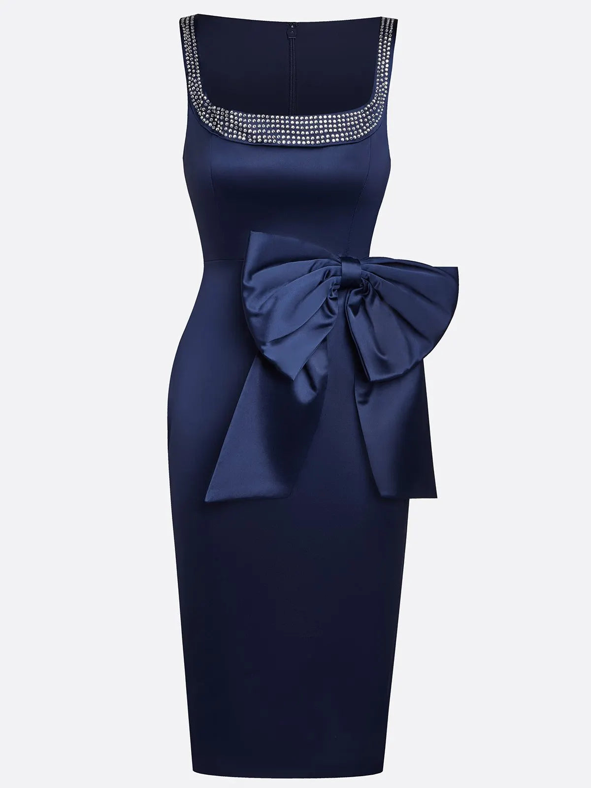 Purplish Blue Hotfix Embellished Bow Satin Square Neck Sleeveless Sheath Midi Dress