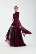 Cocoslly High Neck Long Sleeves High Waist Long Prom Dress With Rhinstone | Cabemet Chiffon LR0407