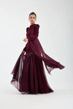 Cocoslly High Neck Long Sleeves High Waist Long Prom Dress With Rhinstone | Cabemet Chiffon LR0407