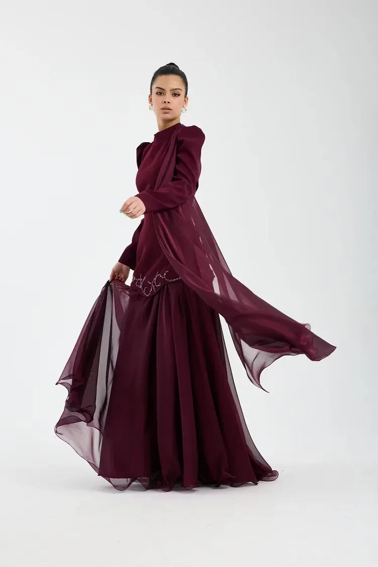Cocoslly High Neck Long Sleeves High Waist Long Prom Dress With Rhinstone | Cabemet Chiffon LR0407