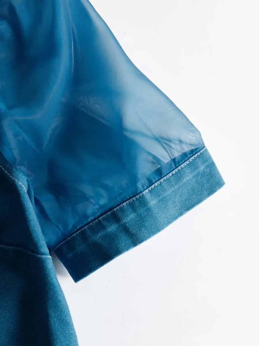 Exquisite Fashionable Front Button V-neck Short-sleeved Outer Cover Organza Blue Denim Maxi Dress