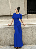 Cocoslly Round Neck Short Sleeves High Waist Long Prom Dress With Pleated | Wine Red Satin DB0023