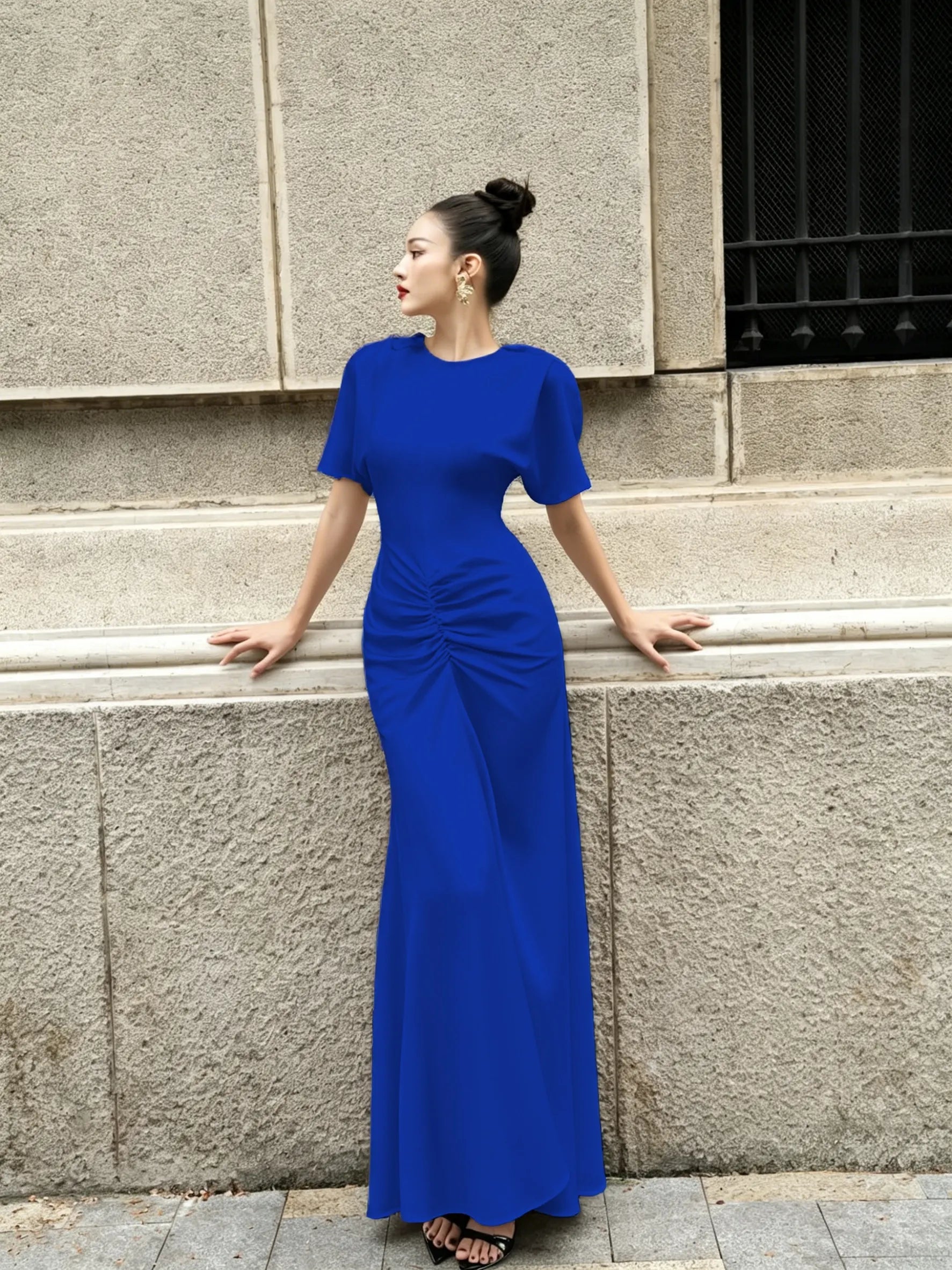 Cocoslly Round Neck Short Sleeves High Waist Long Prom Dress With Pleated | Wine Red Satin DB0023