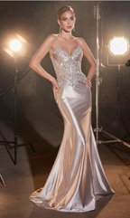 Cocoslly Spaghetti Straps Sleeveless High Waist Long Mermaid Prom Dress With Rhinstone | Sliver Satin CO0143