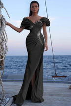 Cocoslly Off-The-Shoulder Beaded Split Long Prom Dress With Sequins Acrylic Rhinestones | Sky Blue Satin ZT0483