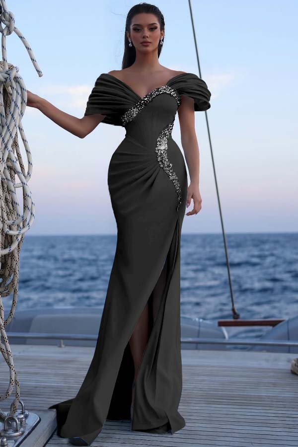 Cocoslly Off-The-Shoulder Beaded Split Long Prom Dress With Sequins Acrylic Rhinestones | Sky Blue Satin ZT0483