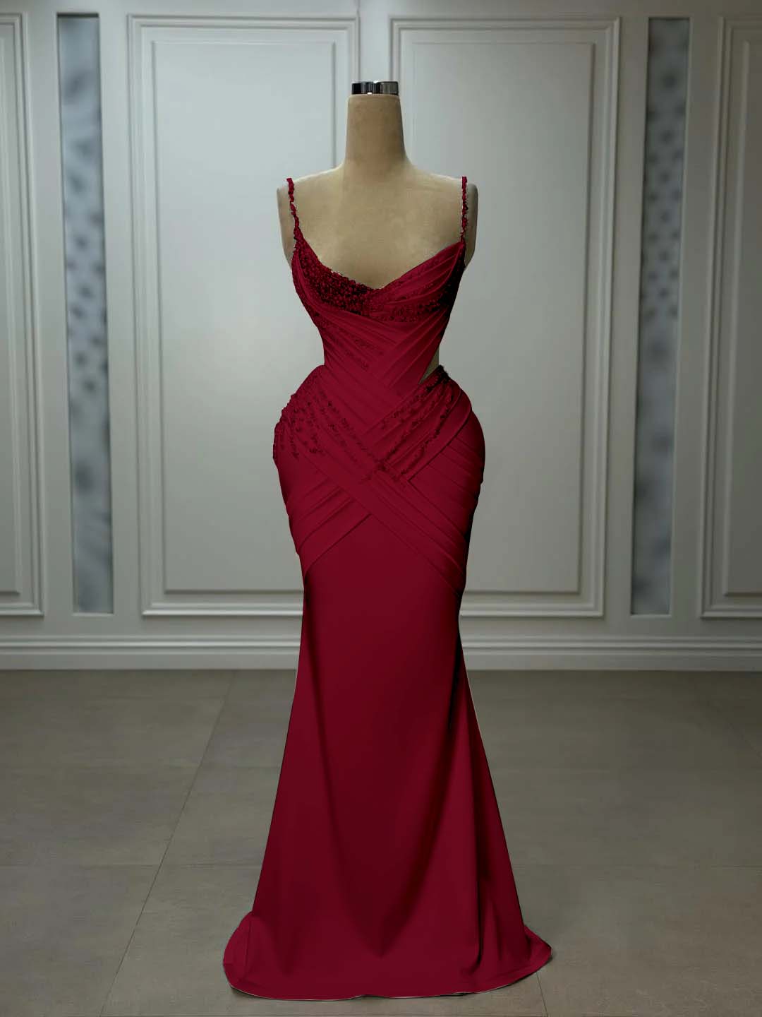 Satin V-Neck Spaghetti Straps Strapless Sleeveless Long Mermaid Prom Dress With Pleated And Beadings YK0743