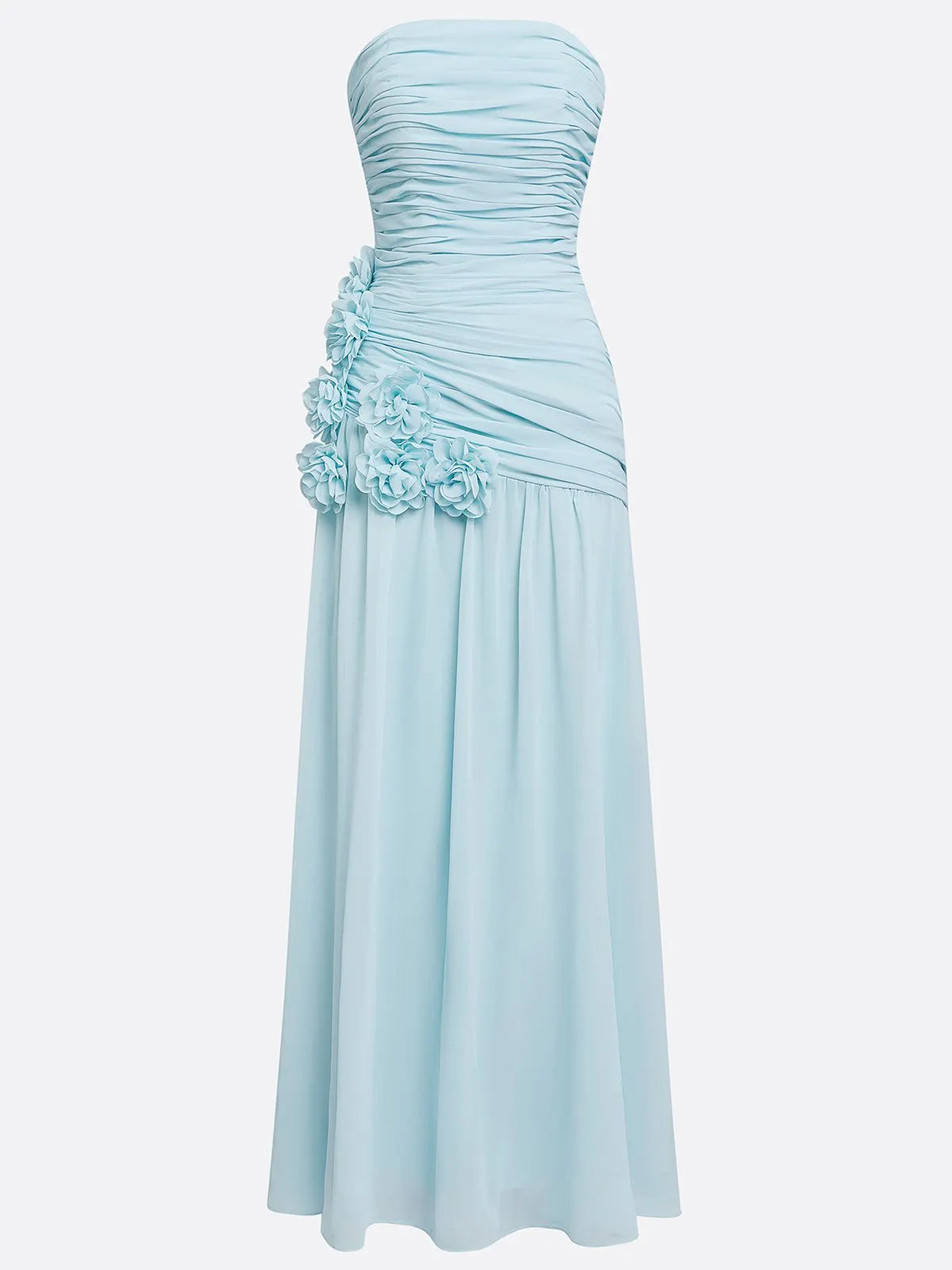 Blue Ruched 3D Floral Chiffon Strapless Sleeveless A-Line Floor-length Gown Dress