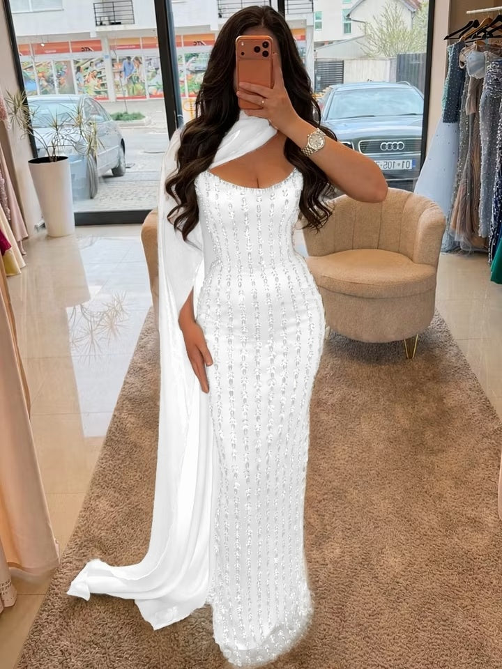 Cocoslly Strapless Sleeveless High Waist Long Prom Dress With Shawl And Rhinstone | Dusty Sage Satin YK1255