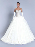 Tulle Sweetheart Strapless Sleeveless Long A-Line Prom Dress With Bow And Gloves YK0721