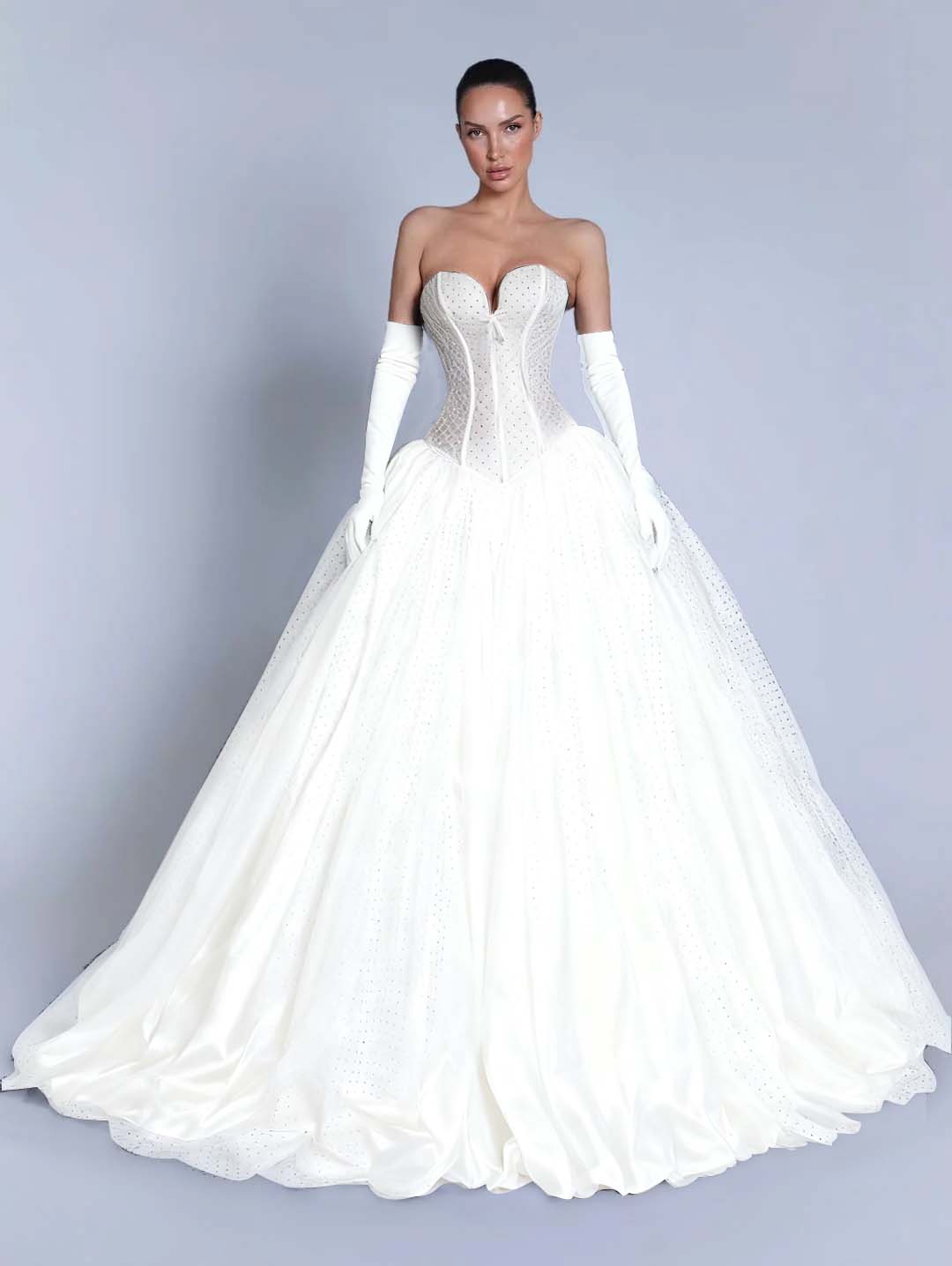 Tulle Sweetheart Strapless Sleeveless Long A-Line Prom Dress With Bow And Gloves YK0721