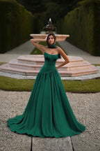 Satin Strapless Sleeveless Long A-Line Prom Dress With Pleated And Corset YK0797