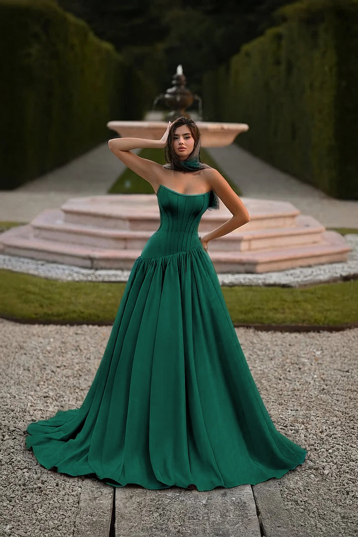 Satin Strapless Sleeveless Long A-Line Prom Dress With Pleated And Corset YK0797