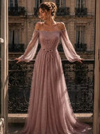Cocoslly Off-The-Shoulder Long Sleeves High Waist Long Prom Dress With Sequins | Mist Mint Green Tulle LX0086