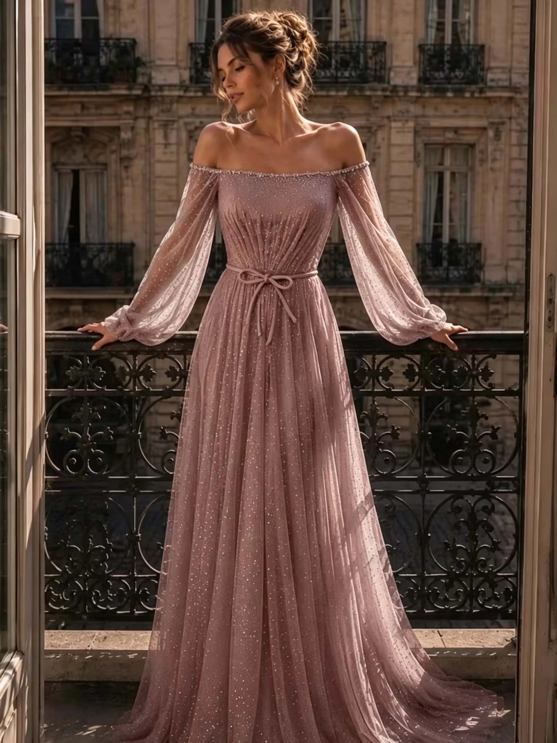 Cocoslly Off-The-Shoulder Long Sleeves High Waist Long Prom Dress With Sequins | Mist Mint Green Tulle LX0086