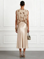 Women Champagne Glitter V Neck Sleeveless Dressy Top With Skirt Two-Piece Set