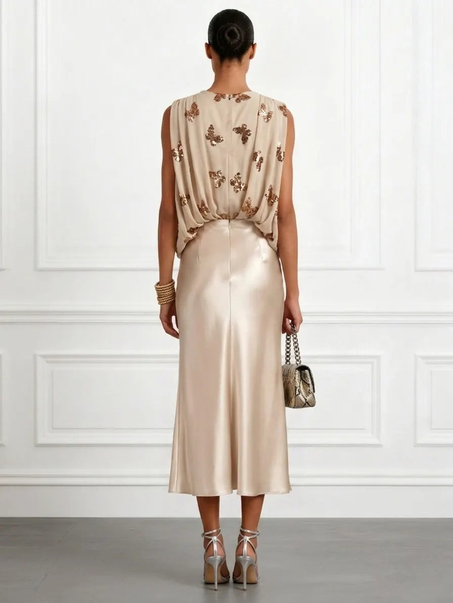 Women Champagne Glitter V Neck Sleeveless Dressy Top With Skirt Two-Piece Set