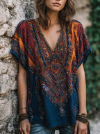 Women's Vintage Boho Nepal Ethnic Art V-neck Shirt