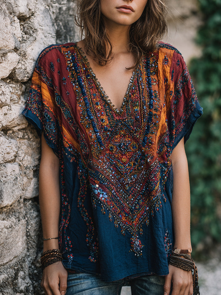 Women's Vintage Boho Nepal Ethnic Art V-neck Shirt