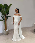 Cocoslly Off-The-Shoulder Long Pleated Mermaid Prom Dress With Beaded-Embroidered And Scarf | Dusty Sage Satin And Tulle ZA0306