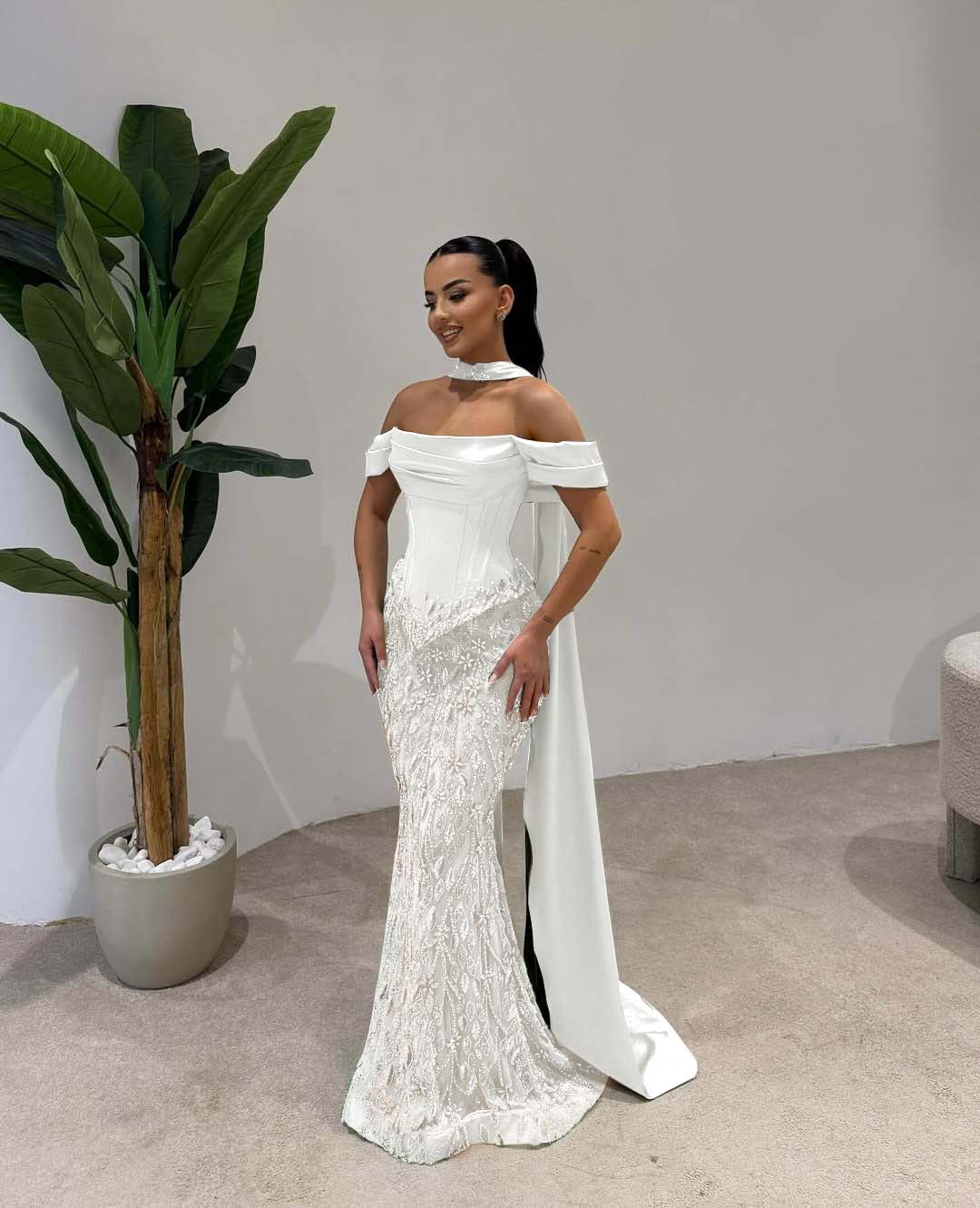 Cocoslly Off-The-Shoulder Long Pleated Mermaid Prom Dress With Beaded-Embroidered And Scarf | Dusty Sage Satin And Tulle ZA0306