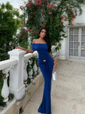 Cocoslly Off-The-Shoulder Sleeveless High Waist Long Mermaid Prom Dress With Pleated | Royal Blue Satin CO0174