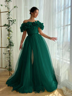 Tulle Off-The-Shoulder Strapless Sleeveless Long Pleated A-Line Prom Dress With Flower Appliques And Split YK0615