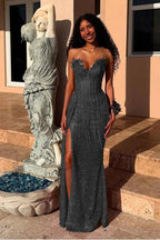 Red Strapless Sleeveless Long Mermaid Prom Dress With Sequins Split XJ0657