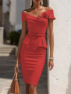 Pink 3D Floral Peplum Off The Shoulder Short Sleeve Sheath Midi Dress