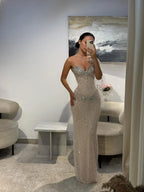Cocoslly V-Neck One Shoulder Sleeveless Long Mermaid Pleated Prom Dress With Sequins Beadings | Champage Satin And Tulle CO0050