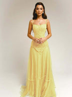 Tulle Square Neck Spaghetti Straps Strapless Sleeveless Long A-Line Prom Dress With Beadings YK0789