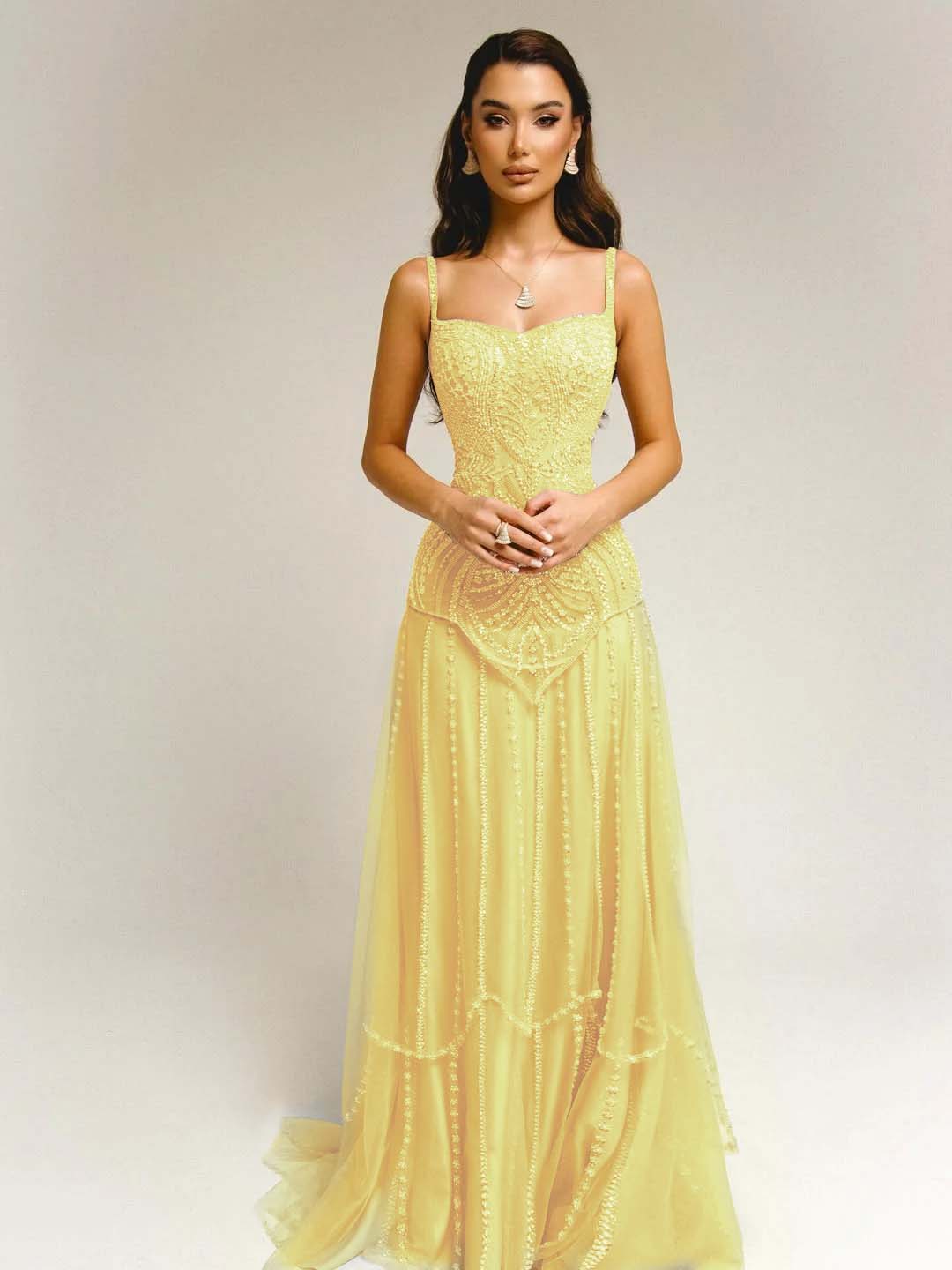 Tulle Square Neck Spaghetti Straps Strapless Sleeveless Long A-Line Prom Dress With Beadings YK0789