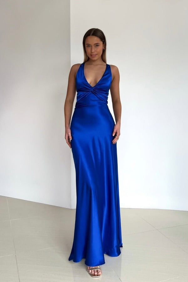 Cocoslly Halter V-Neck Sleeveless High Waist Long Prom Dress | Royal Blue Satin ZT0693