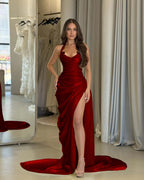 Chic Halter Sleeveless Long High Split Prom Dress With Pleated YK0277